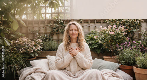 Serene Woman Meditating in a Cozy Garden Setting Surrounded by Plants