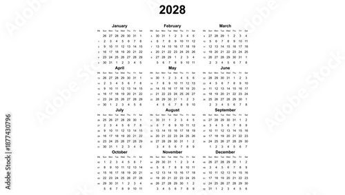 2028 year english vector calendar with week numbers