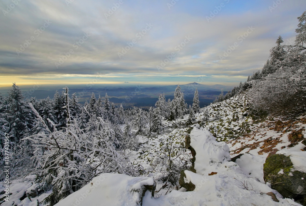 Obraz premium beautiful winter landscape in the mountains. Winter landscape in the north of Bohemia. Mountain in winter time. Jested