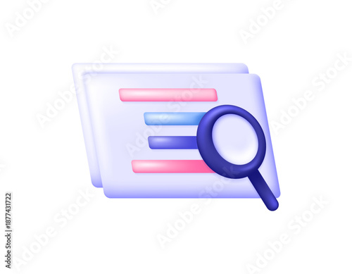 A data analysis concept. 3D vector illustration of a magnifying glass and information window. Analyze reports, check information, predict data, analyze and inspect. Data processing. 3D style design. 