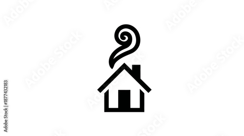 A simple black and white image of a house icon with smoke curling up from its chimney