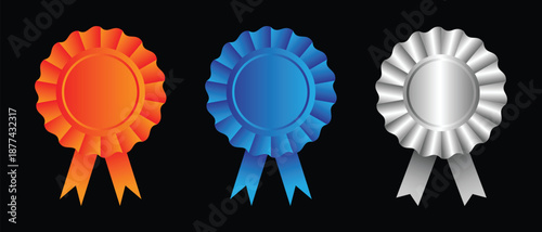 Badge, Award and medal design. Award, medal and Exclusive membership Badge design. Badge icon design. Golden, silver, bronze medal with ribbon. Best seller badge vector icon. Vector illustration.