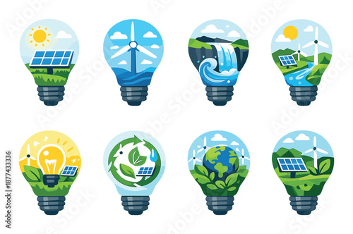 Renewable energy concepts in light bulb illustrations showcasing eco-friendly solutions