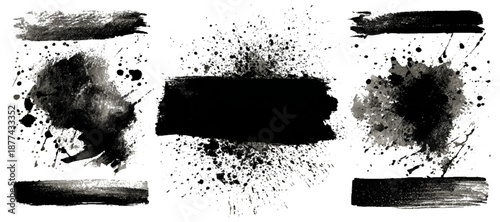 Hand painted black ink grunge brushstroke set background. creative grunge brush strokes splatter stains texture and overlay vector collection.