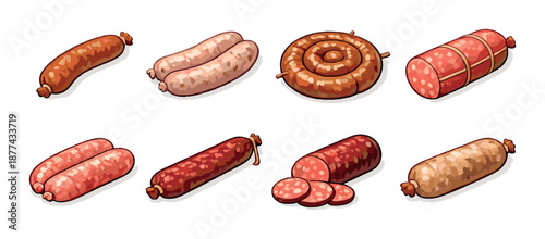 Variety of delicious sausages: smoked, fresh, and spiced assorted meats