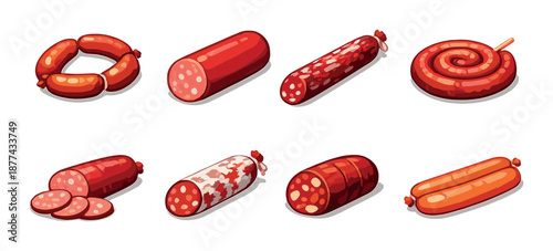 Variety of cartoon sausages in different shapes and colors on gray background