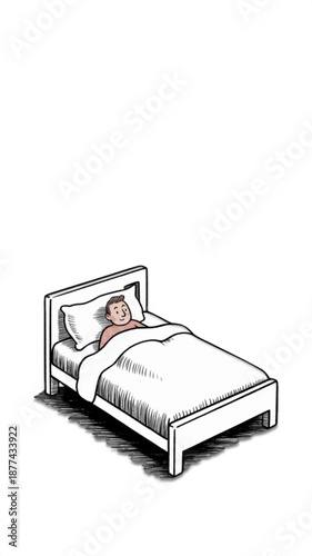 Cute minimal illustration of person sleeping in bed under white blanket with pillow simple restful night concept for insomnia awareness bedtime routine relaxation and mental health content