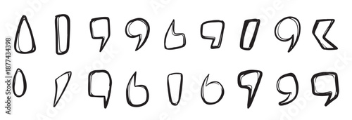 Collection of diverse hand drawn quotation marks, and quote icons for messaging, dialog, and typographic design, isolated on white background vector illustration.