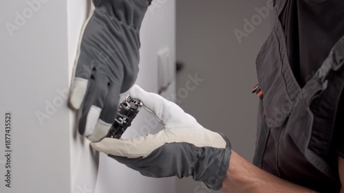 Electrician installing electrical wall switch and connecting wires inside wall using screwdriver. Concept of professional electrical work, home renovation and safe installation.