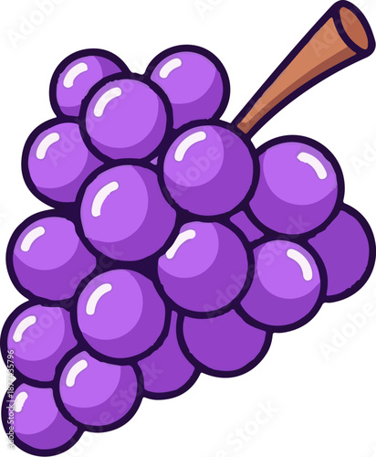 A cluster of plump, purple grapes with a woody stem, rendered in a simple, cartoonish style