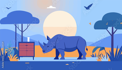A blue rhinoceros stands in a stylized landscape with trees, hills, and birds