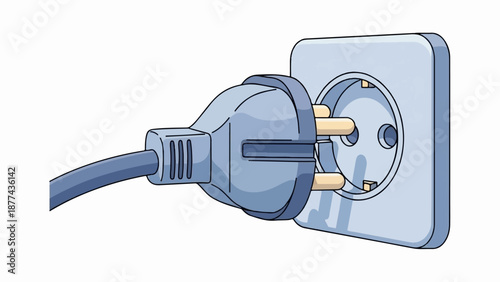 A blue power plug with three prongs connects to a light blue wall socket
