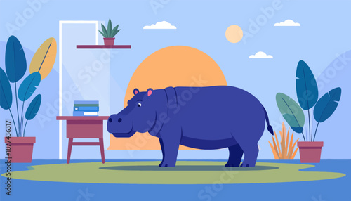 A blue hippopotamus stands in a room with plants, a desk, and a large sun motif