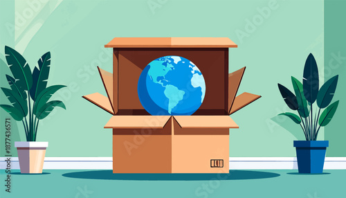 A blue globe sits open in a cardboard box with plants on either side
