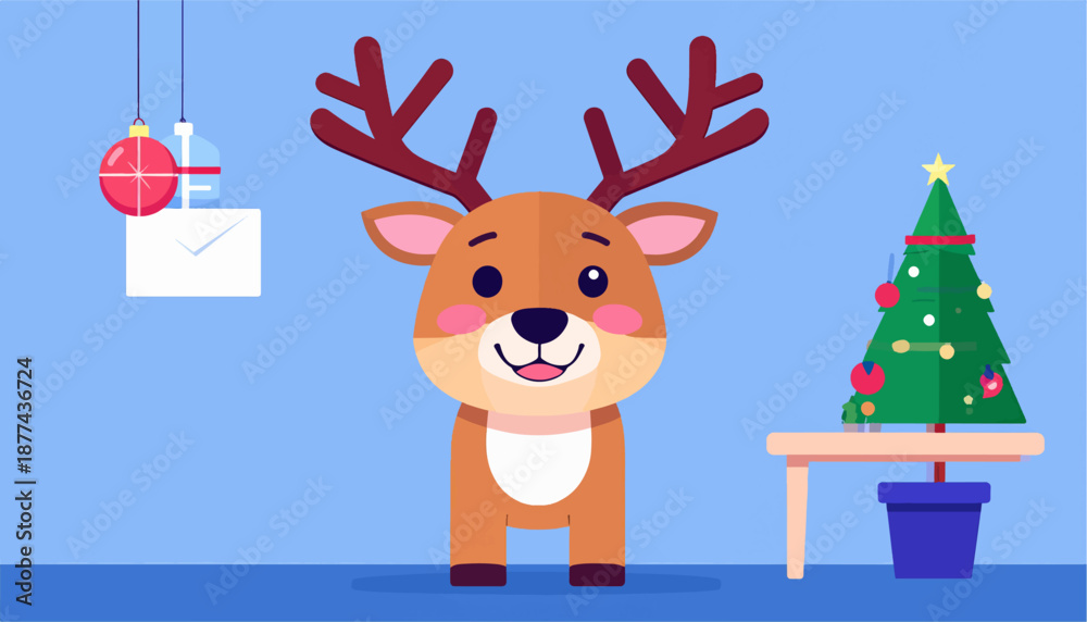 Fototapeta premium A cartoon reindeer stands beside a Christmas tree on a blue background