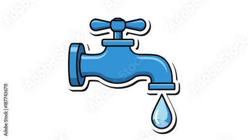 A blue faucet drips a single clear water drop with a black outline and shadow