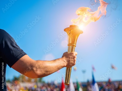 Hand holding a gold torch with the burning flame against a blue sky background