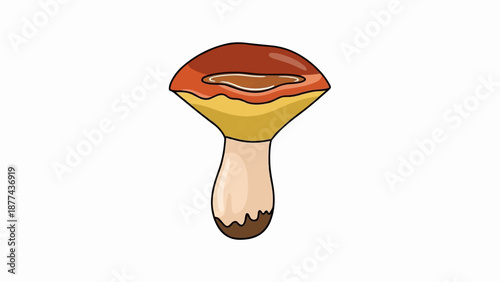 A cartoon-style mushroom with a brown cap and a yellow underside, on a white background