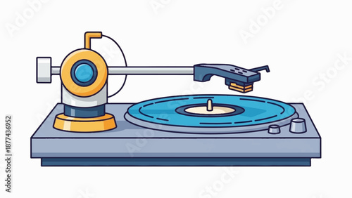 A cartoon-style illustration of a vintage turntable with a blue record on the platter