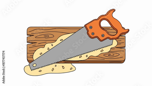 A cartoon hand saw with an orange handle rests on wooden planks and yellow sawdust