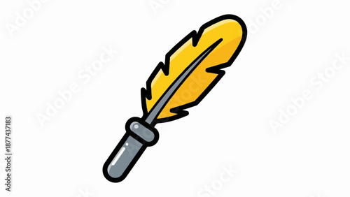 A cartoon-style yellow quill pen with a gray stem and tip, on a white background