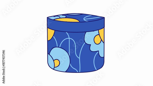 A blue cylindrical container adorned with abstract floral patterns in light blue and yellow
