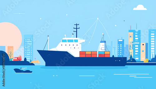 A cargo ship sails past a cityscape with a large pink sun and a cloud in the bright blue sky