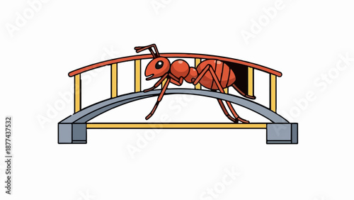 A cartoon ant walks across a stylized bridge with red railings and yellow supports