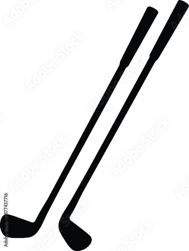 Dynamic black silhouette vector graphic depicting two essential golf clubs ready for the tee-off, symbolizing luxury leisure, professional sport, and competitive play.