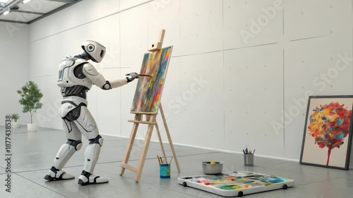 Robot artist painting on easel in studio, cinematic motion, stock footage