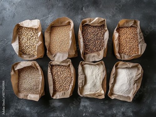 Bakery bags have different types of wheat flour. These flours come from milled wheat, like wheat sprouts, bran, semolina, and durum. Seen from above.
