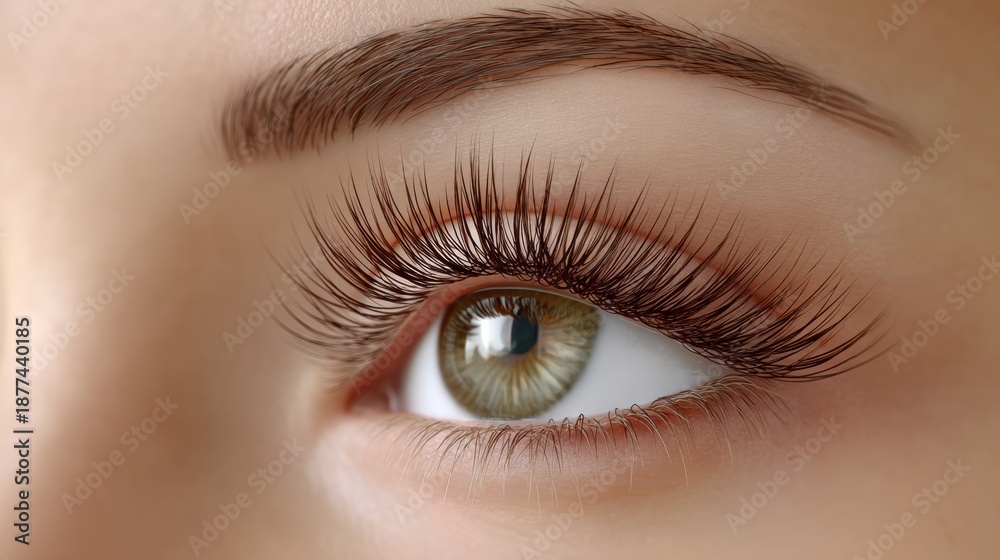 Fototapeta premium Close view of a human eye with long eyelashes showing the iris and pupil in detail during daylight