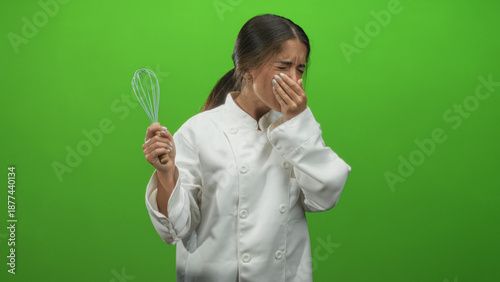 Woman chef holding whisk and covering mouth with hand while gagging and sneezing in studio; sneeze discomfort.