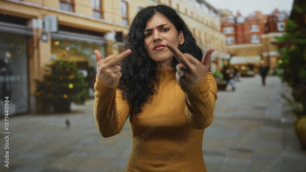 Fototapeta premium Young woman shows both middle fingers to camera on a city street lined with shops and pedestrians; defiance.