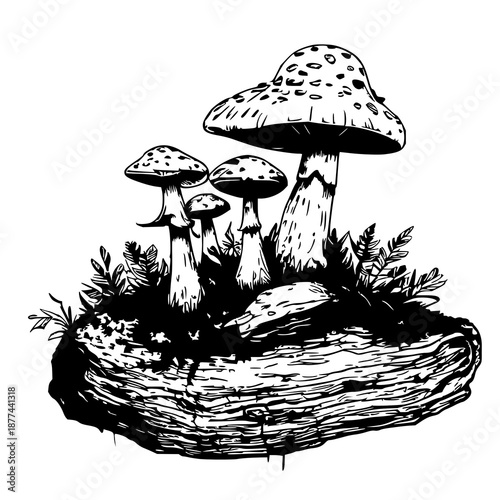 Black line art illustration of a mushroom family perched on a mossy log for natural decor and eco‑friendly design concepts creative