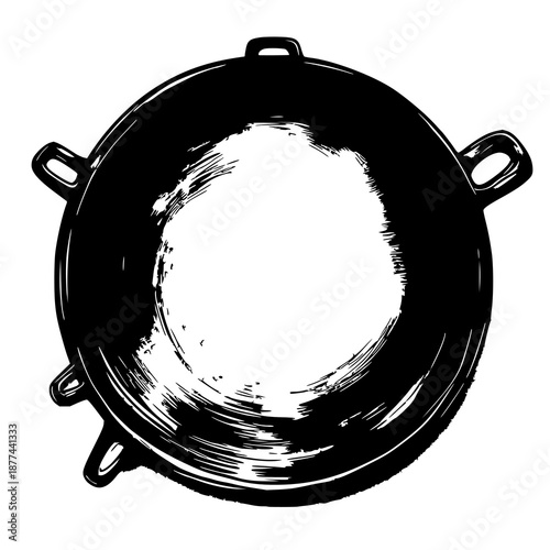 Hand‑drawn black line art illustration of a cast iron skillet from top view, ideal for cooking and kitchen design concepts