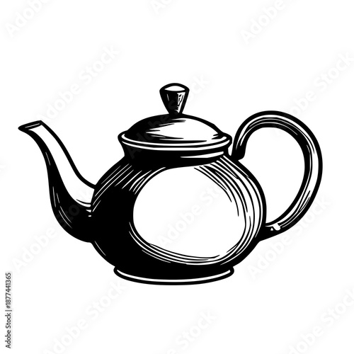 Hand-drawn vintage teapot black line art illustration for classic tea set design, warm decor, printable graphic, modern stationery, and decor projects