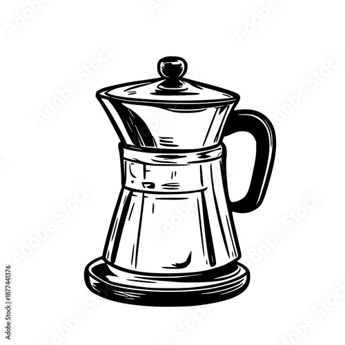 Vintage-style black Moka pot coffee maker line art illustration, clean vector PNG for coffee shop branding and cafe design