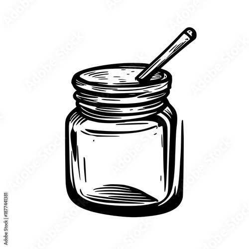 Black line art illustration of a honey jar with wooden dipper, soy wax candle jar depicting natural honey product packaging and craft design
