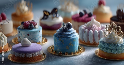 An exquisite assortment of gourmet mini cakes presented on elegant gold coasters with soft, ambient lighting and rich textures