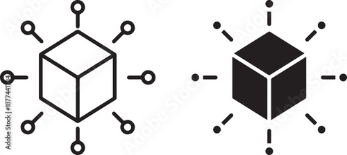 Minimal line and solid style cube icon with connected nodes,abstract geometric cube, minimalist, low poly,  symmetrical, modern, simple, minimali