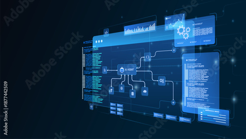 AI workflow automation artificial intelligence. ai agent network diagram dashboard machine learning flow process, analytic panel and automation system.