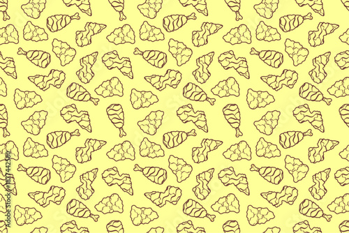 Doodle fried chicken seamless pattern background. Fried chicken  thigh, chest and wing doodle pattern. Doodle fried chicken thigh pattern background. Fast food doodle pattern background.