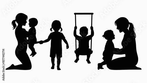 a silhouette illustration depicts a mother with children displaying a family s journey through stages of growth and love with a swing set present high quality