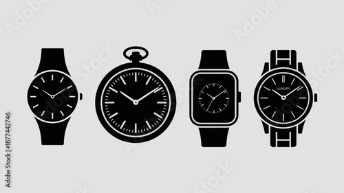 a collection of four different timekeeping devices is presented in a simple black silhouette style showcasing wristwatches and a pocket watch high quality professional detailed modern