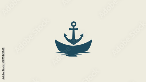 A dark blue anchor sits atop a boat floating on a body of water in a minimalistic art style