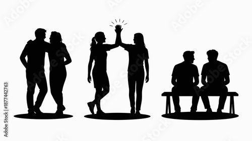 a silhouette depiction of several figures including couples embracing and a celebratory high five all presented in a minimalist style high quality professional detailed modern elegant