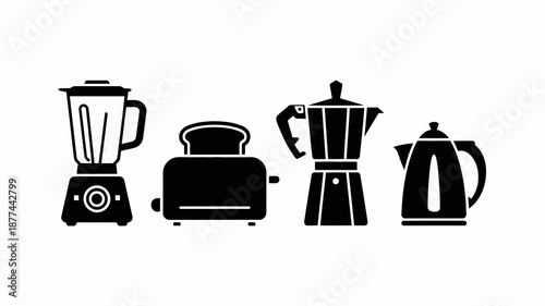 a simple black and white illustration depicts a blender a toaster a moka pot and a kettle arranged in a horizontal line on a white