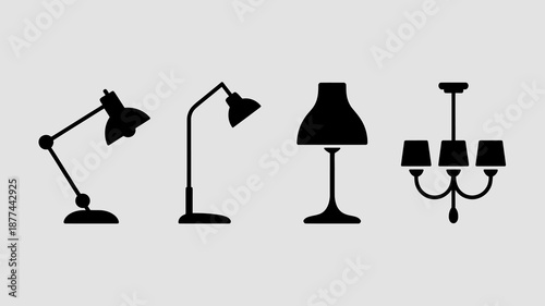 a collection of four distinct black silhouette icons representing various types of lamps and lighting fixtures against a neutral background high quality professional detailed modern elegant