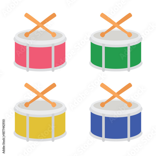 pink red green yellow orange blue purple drum with drumsticks drums marching band music rhythm drumstick sound snare instrument emoji symbol sign icon vector illustration isolated flat